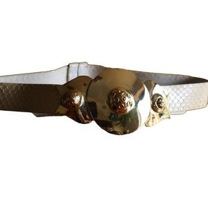 Vintage Alexis Kirk Cream/Yellow Snakeskin Gold Round Buckle Adjustable Belt Bag